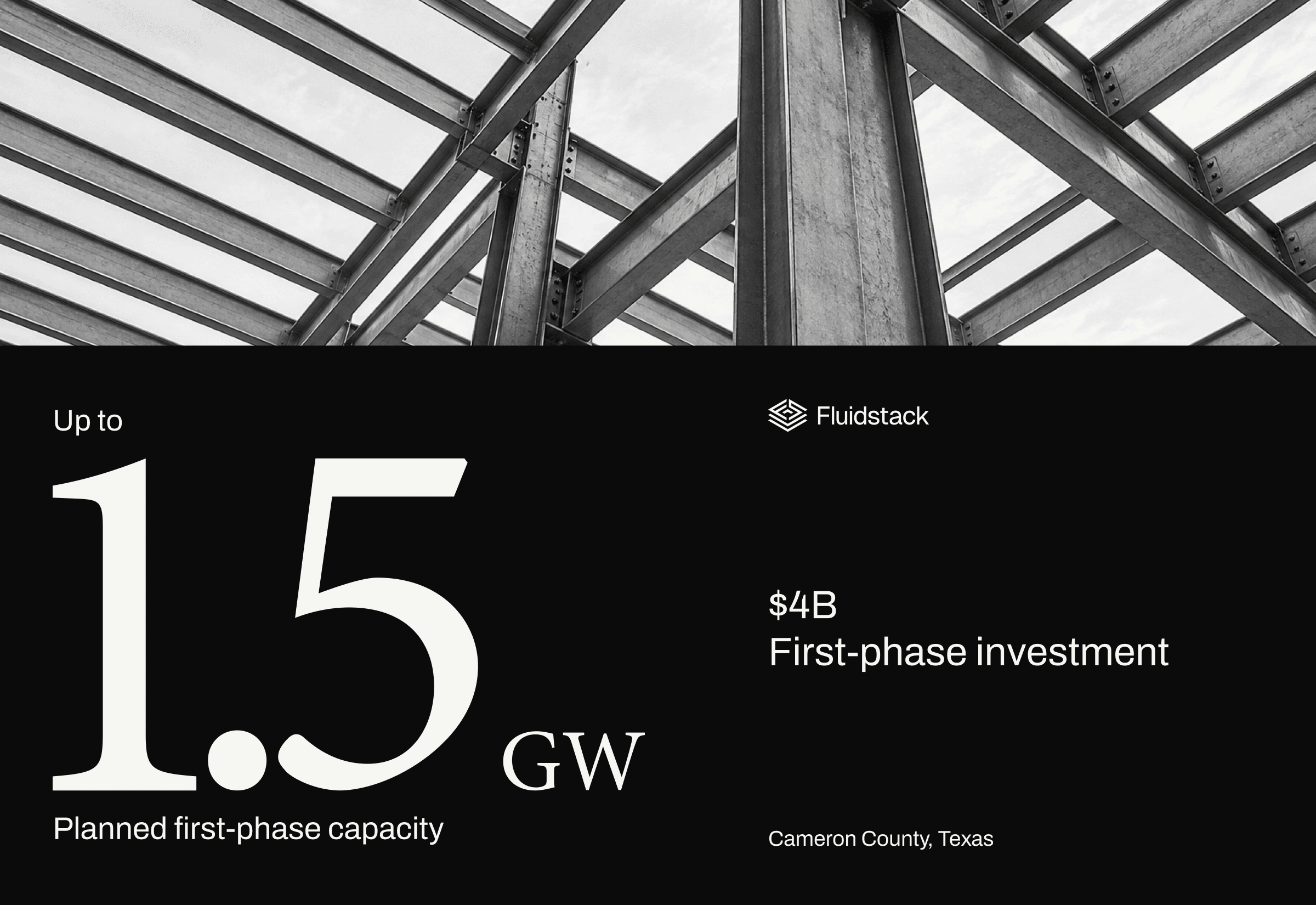 Fluidstack’s Cameron County campus: up to 1.5 GW of planned first-phase capacity and $4 billion in first-phase investment, with a conceptual steel construction image